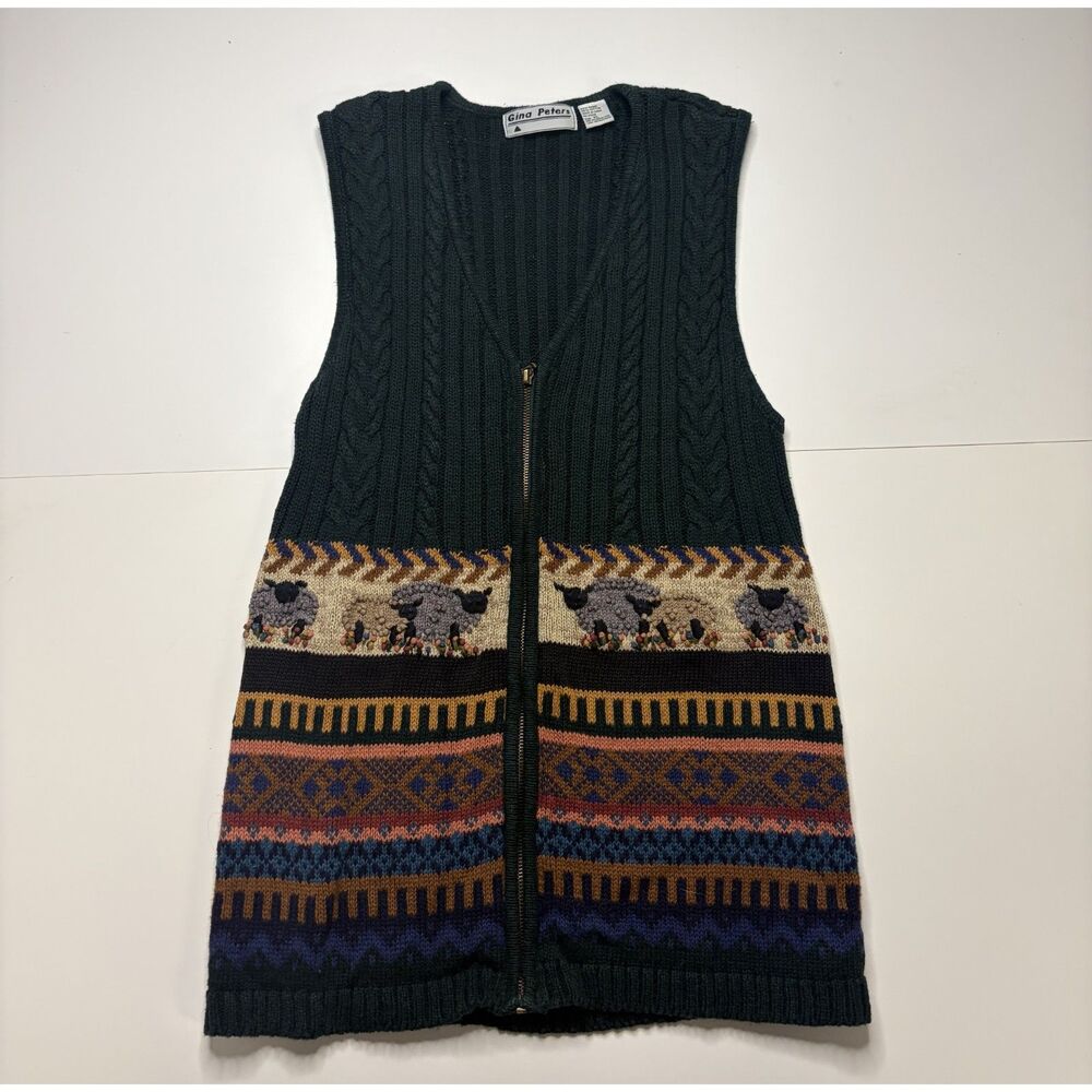 Gina Peters Zip Up Vest Sheep Design XL Grandpa Vest Knit